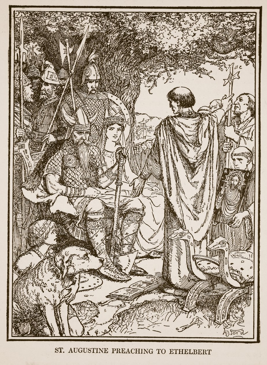 Pyhä Augustinus saarnaa Ethelbertille, kuva C.R.L.:n Englannin historiasta. Fletcher ja Rudyard Kipling tekijältä Henry Justice Ford