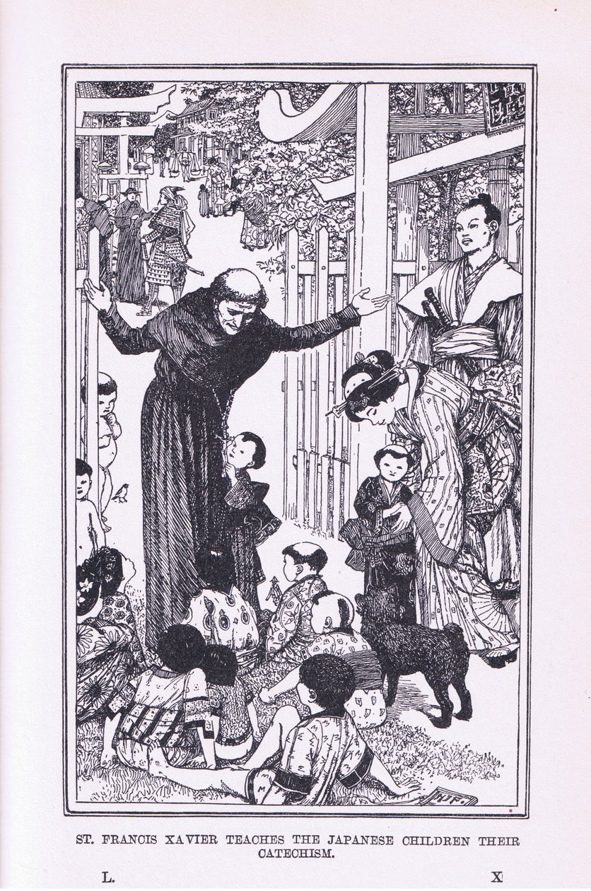 Pyhä Franciscus Xavier opettaa japanilaisille lapsille katekiksen, 1912 tekijältä Henry Justice Ford