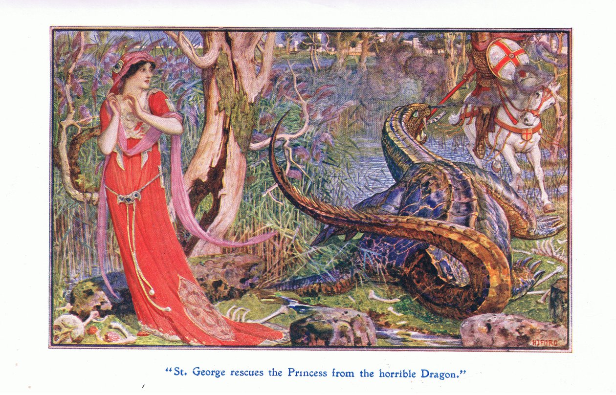 Pyhä Yrjö pelastaa prinsessan kauhealta lohikäärmeeltä, 1912 tekijältä Henry Justice Ford