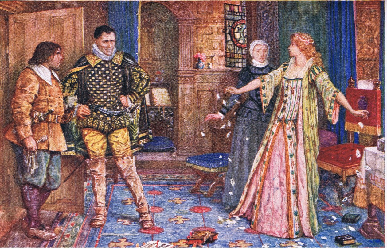 Leicesterin kreivitär repii miehensä kirjeen Varneyn ja Fosterin läsnäollessa, kuvitus Kenilworthista, n. 1910 tekijältä Henry Justice Ford