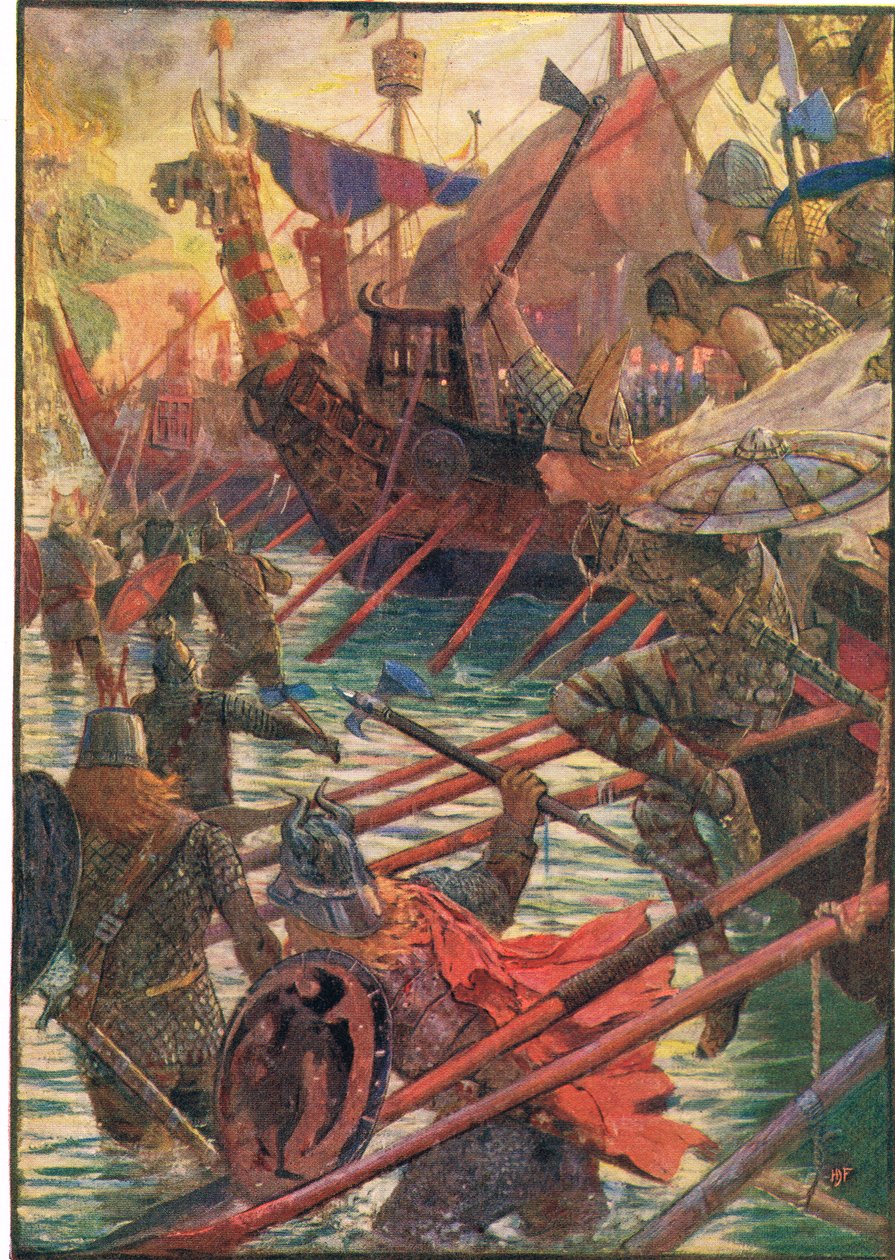 Tanskalaisten maihinnousu, kuvitus Rudyard Kiplingin Englannin historiasta, 1911 tekijältä Henry Justice Ford