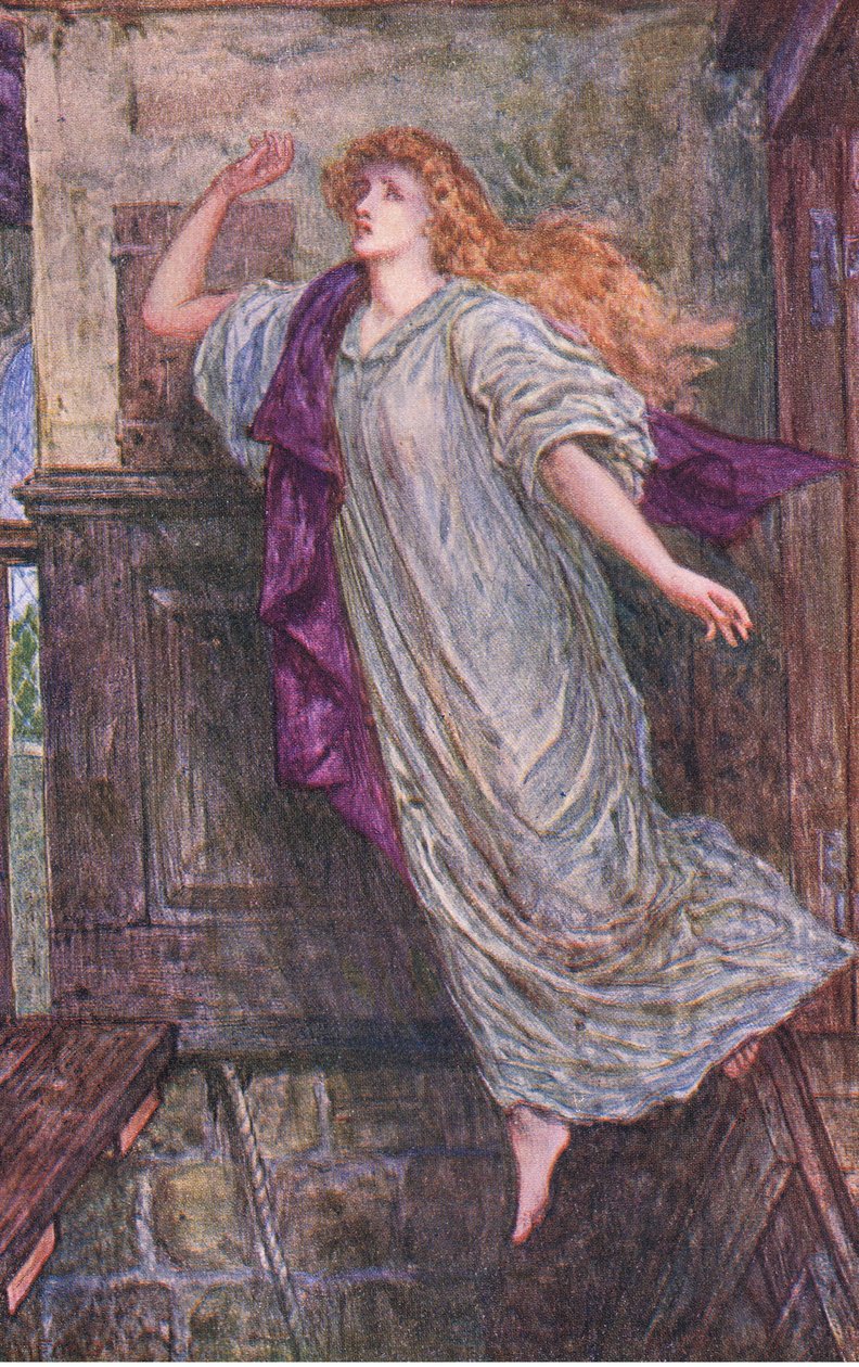 Leicesterin kreivitär Amy Robsortin kuolema, kuvitus "Kenilworthista", n. 1910 (väri litho) tekijältä Henry Justice Ford