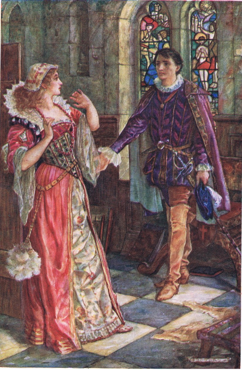 Amyn ja Tresilianin tapaaminen Cumnor Placessa, kuvitus "Kenilworthista", n. 1910 (värilitho) tekijältä Henry Justice Ford