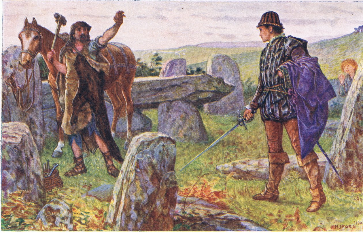 Tresilian kohtaa salaperäisen sepän, kuvitus teoksesta Kenilworth, n. 1910. tekijältä Henry Justice Ford