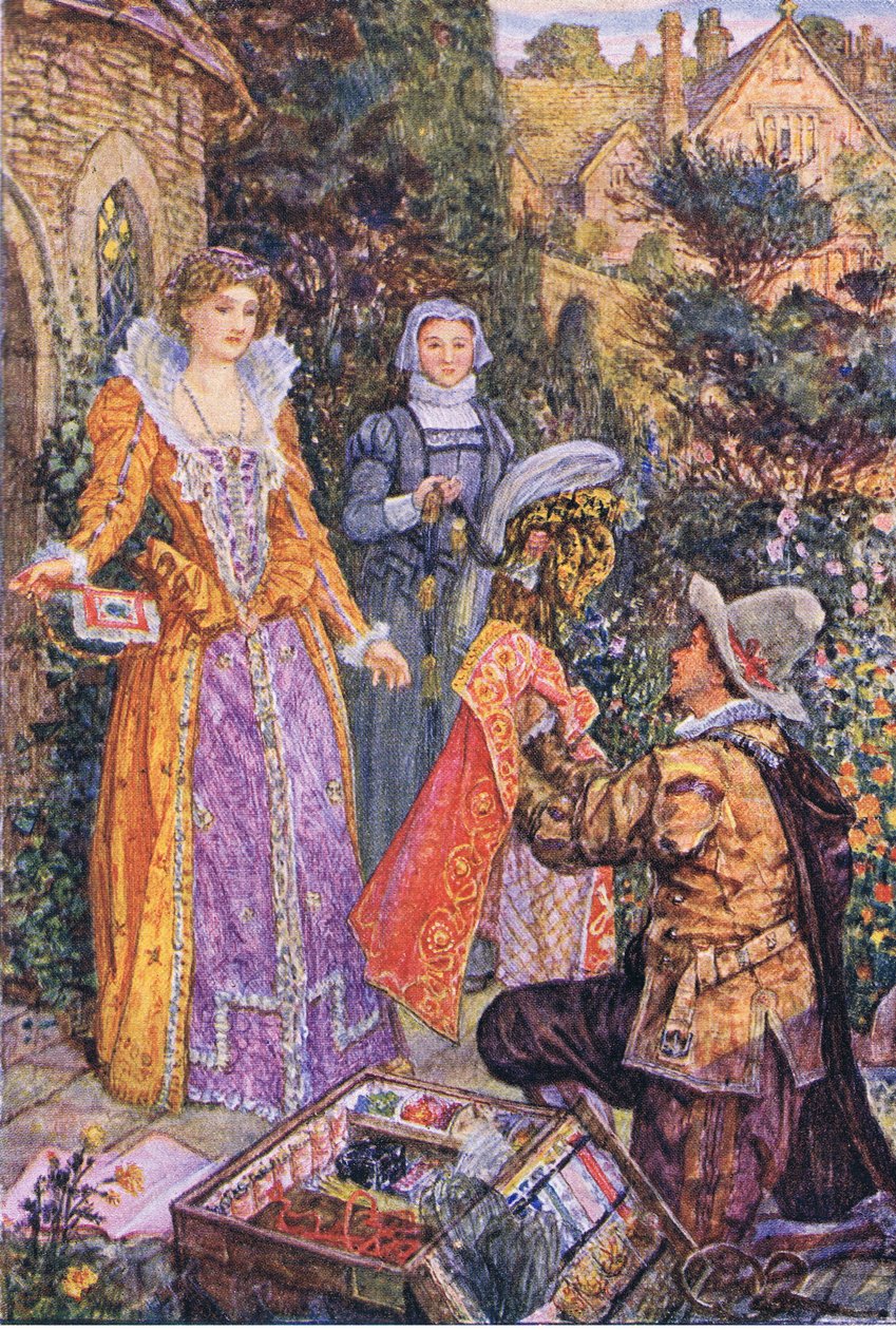 Wayland näyttelee polkijaa puutarhassa, kuvitus Kenilworthista, n. 1910 tekijältä Henry Justice Ford