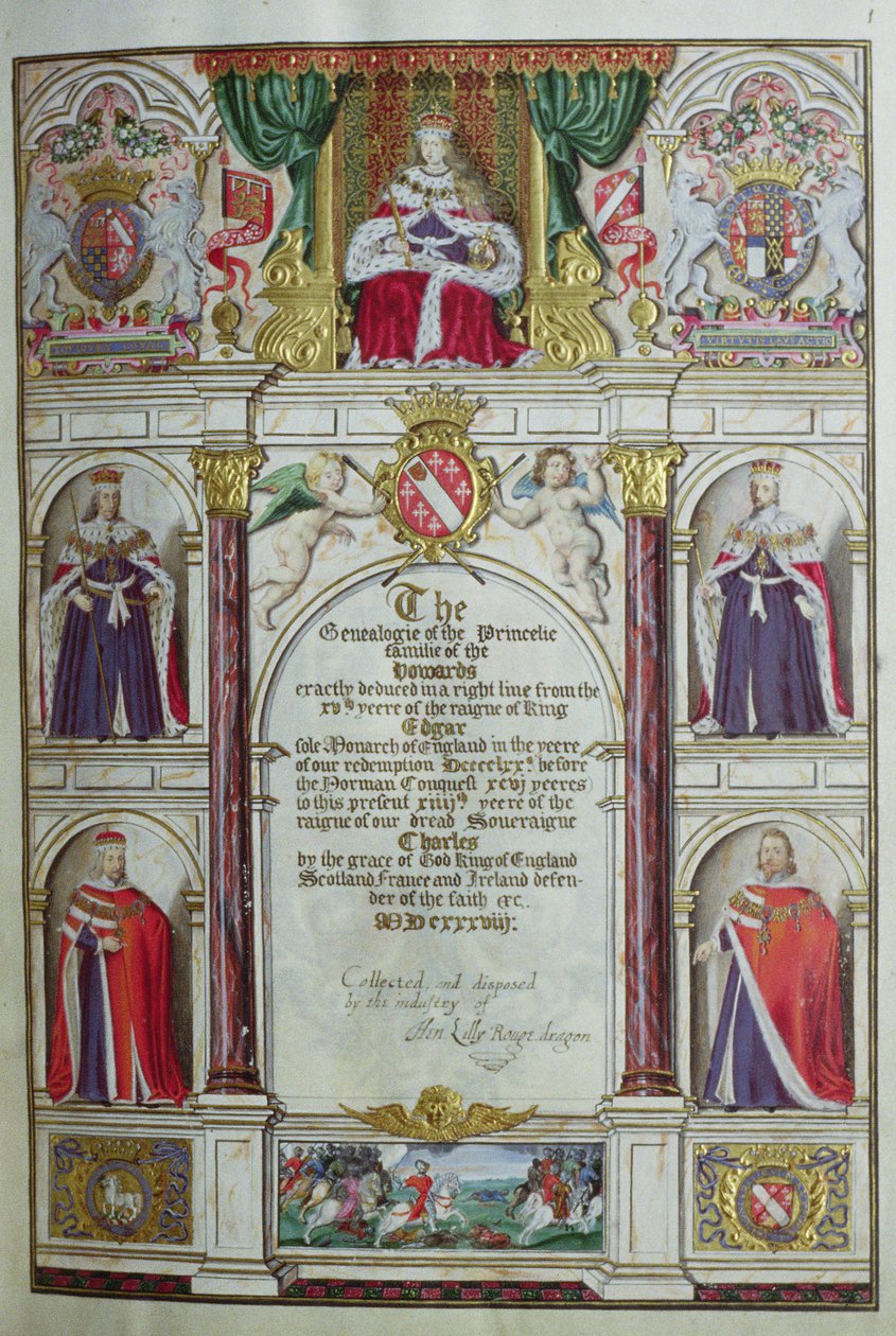 Nimisivu "Genealogie of the Princelie Familie of the Howards", 1638 (muste, kultalehti ja väri perunakalvolla) tekijältä Henry Lilly