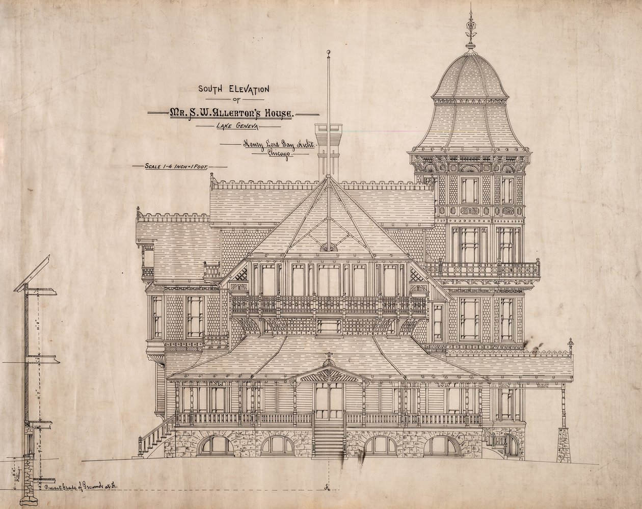 Talo herra S.W. Allerton, Lake Geneve, Wisconsin: South Elevation tekijältä Henry Lord Gay