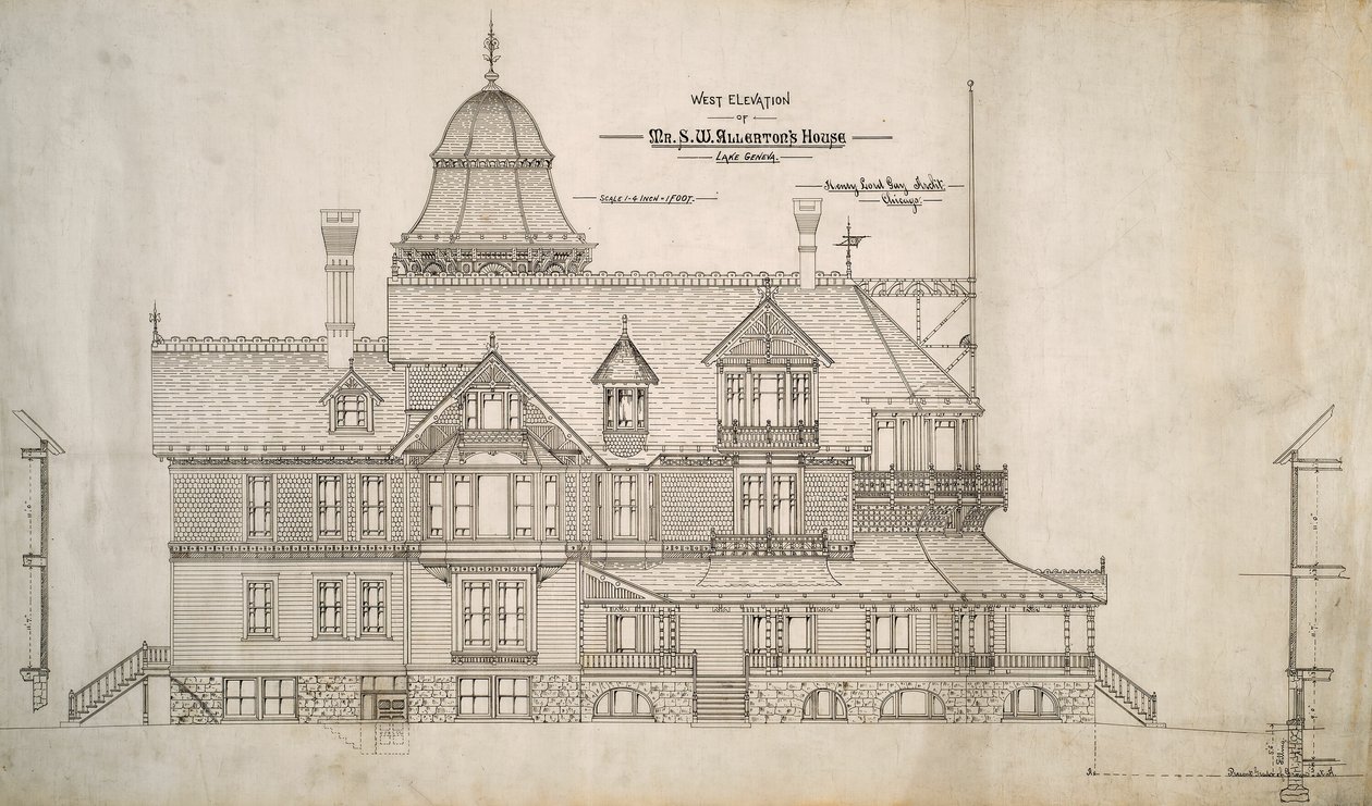 Talo herra S.W. Allerton, Lake Geneve, Wisconsin: West Elevation tekijältä Henry Lord Gay