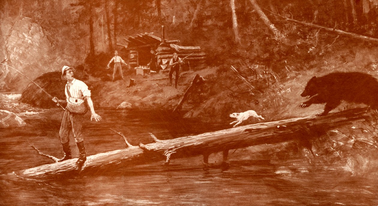 Karhu lähestyy kalastajia metsässä tekijältä Henry Marriott Paget