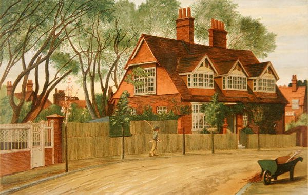 Queen Anne Gardens pohjoiseen, Bedford Park, Chiswick (värilitra). tekijältä Henry Marriott Paget