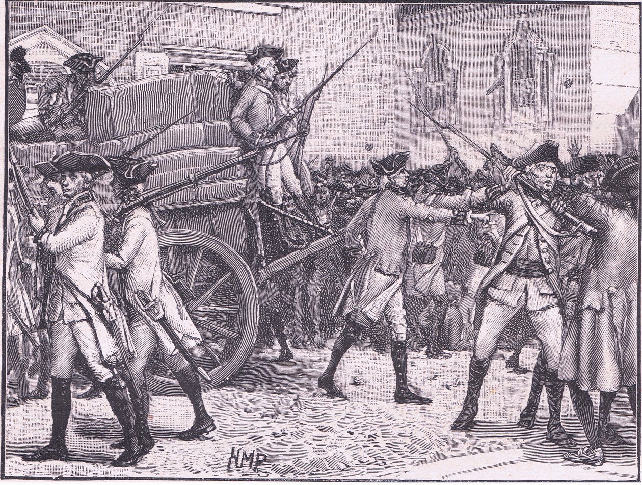Joukot saattamassa leimattua paperia kaupungintalolle New Yorkiin 1765 jKr tekijältä Henry Marriott Paget