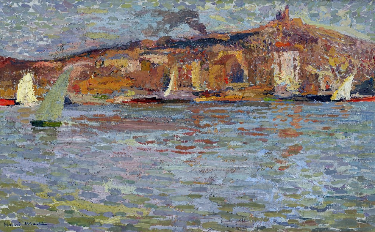 Marseillen satama, vanha satama ja "Hyvä äiti" (Cathedrale Notre Dame de la Garde (Notre-Dame-de-la-Garde). Henri Martinin (1835-1908) maalaus. Öljy kankaalle. Mitat: 38x61cm Pakollinen maininta: Regards de Provence Foundation -kokoelma, Marseille tekijältä Henry Martin
