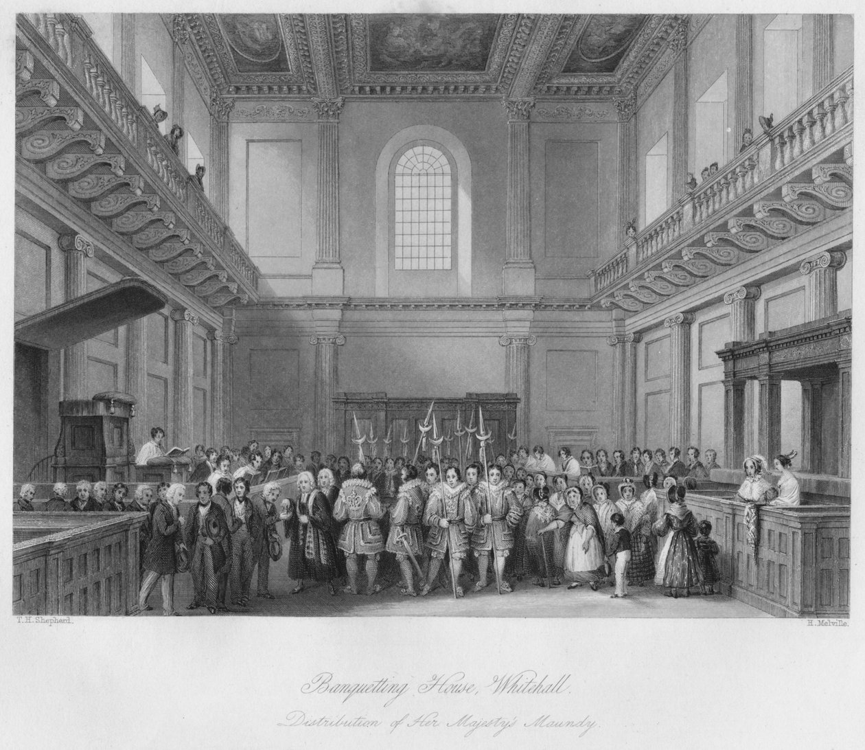 Juhlatalo, Whitehall. Hänen Majesteettinsa Maundyn jakelu, c1841 tekijältä Henry Melville