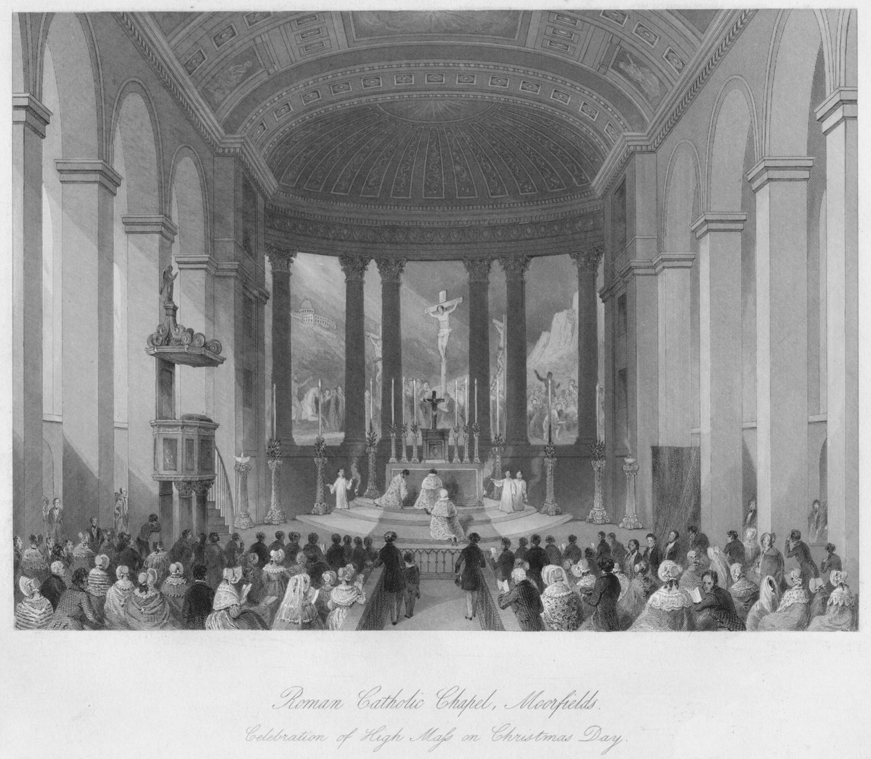 Roomalaiskatolinen kappeli, Moorfields. Yliopiston messun viettäminen joulupäivänä vuonna 1841 tekijältä Henry Melville