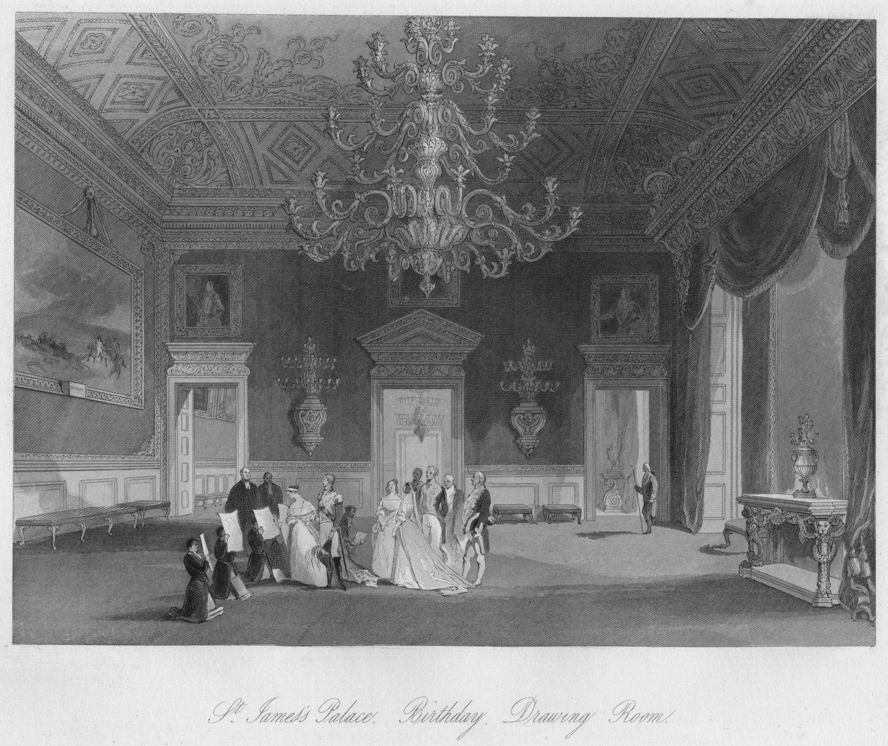 St. Jamesin palatsi. Syntymäpäivä. Drawing Room, c1841 tekijältä Henry Melville