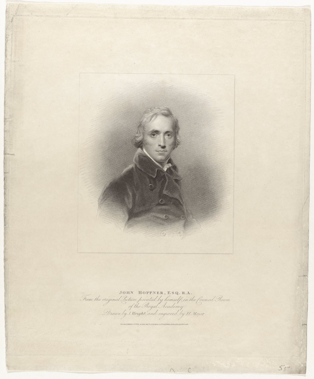 Portree van John Hoppner John Hoppner, Esq. R.A. (otsikko esineessä) Britse portretten (sarjan nimi) British Gallery of Contemporary Portraits (sarjan nimi) tekijältä Henry Meyer
