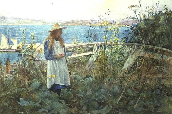Tyttö puutarhassa meren rannalla tekijältä Henry Meynell Rheam
