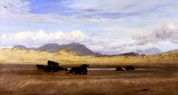 Pohjois-Walesin rannikko, karjaa paistamassa rannalla tekijältä Henry Moore