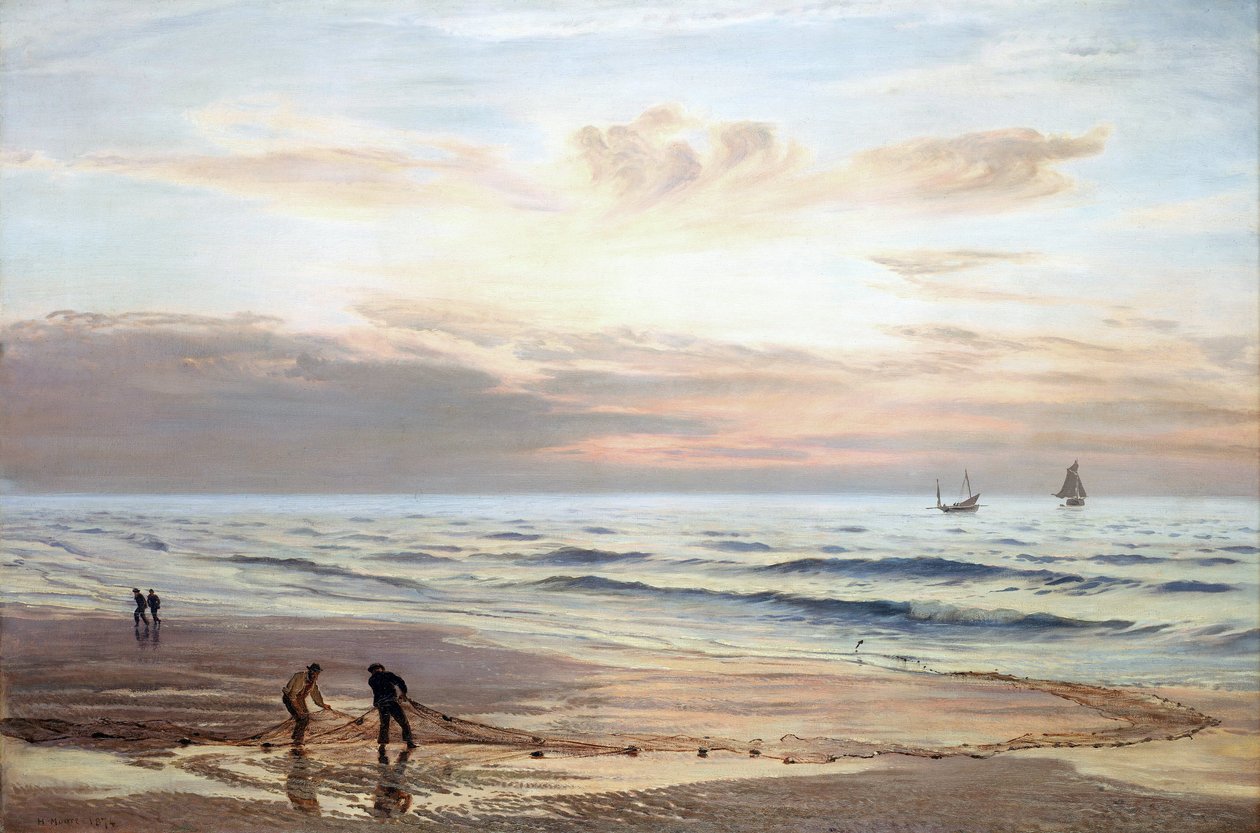 Kalastajat vetävät verkkojaan Walesin pohjoisrannikolla. Öljy kankaalle tekijältä Henry Moore