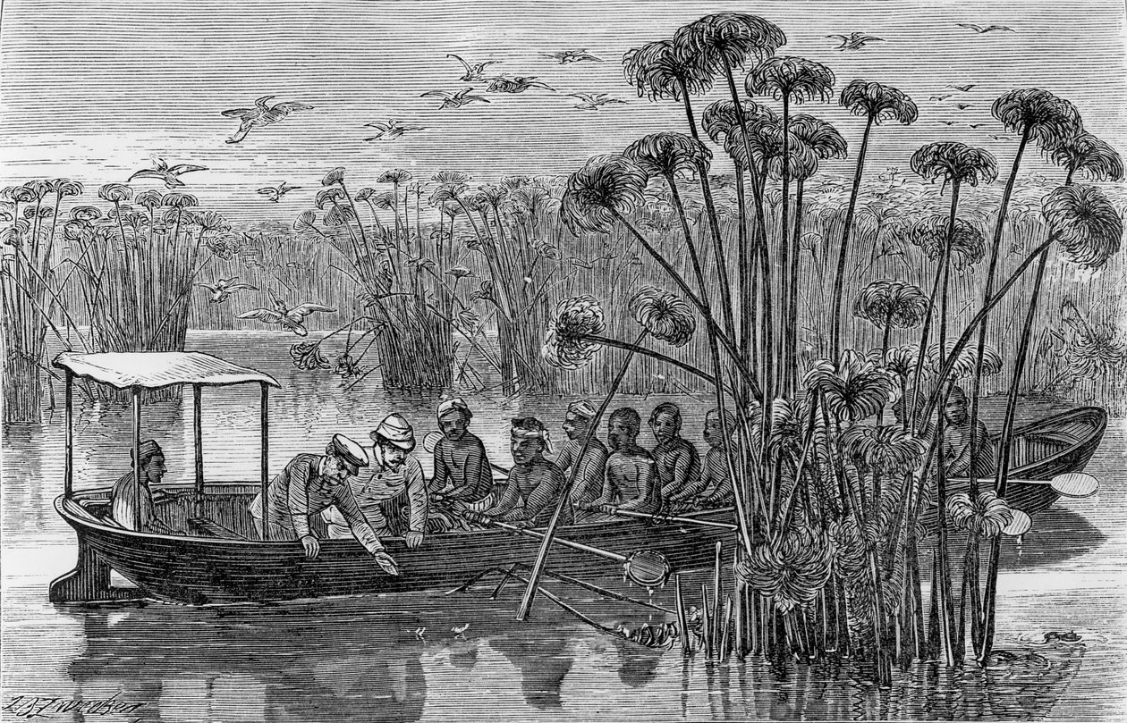 At the Mouth of the Rusizi, julkaisusta How I Found Livingstone; matkoja, seikkailuja ja löytöjä Keski-Afrikassa, 1867 tekijältä Henry Morton Stanley