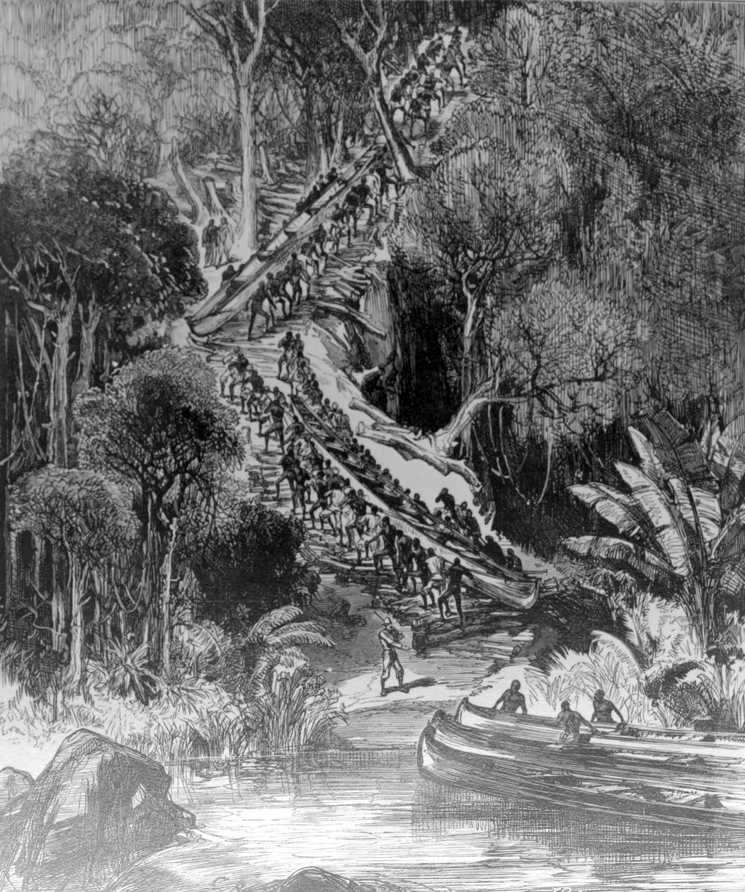Kanoottien vetäminen Inkisi Fallsista, julkaisi The Illustrated London News -julkaisun 6. helmikuuta 1878 tekijältä Henry Morton Stanley