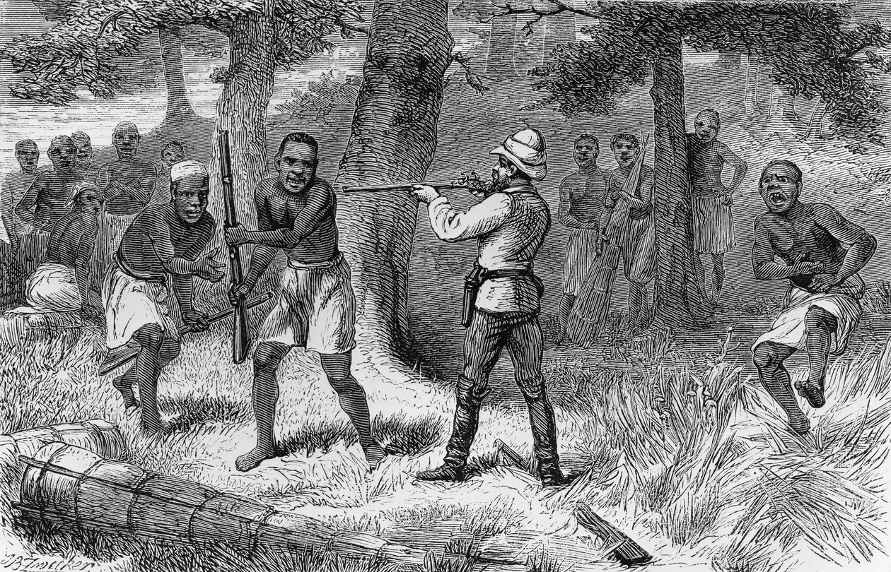 Alkuasukkaat kapinoivat Gombe-joen rannoilla Tansaniassa, kaiverrus kirjasta How I found Livingstone: matkat, seikkailut ja löydöt Keski-Afrikassa, kirjoittanut Henry Morton Stanley (1841-1904), Sampson Low, Marston, Low ja Searle, Lontoo tekijältä Henry Morton Stanley