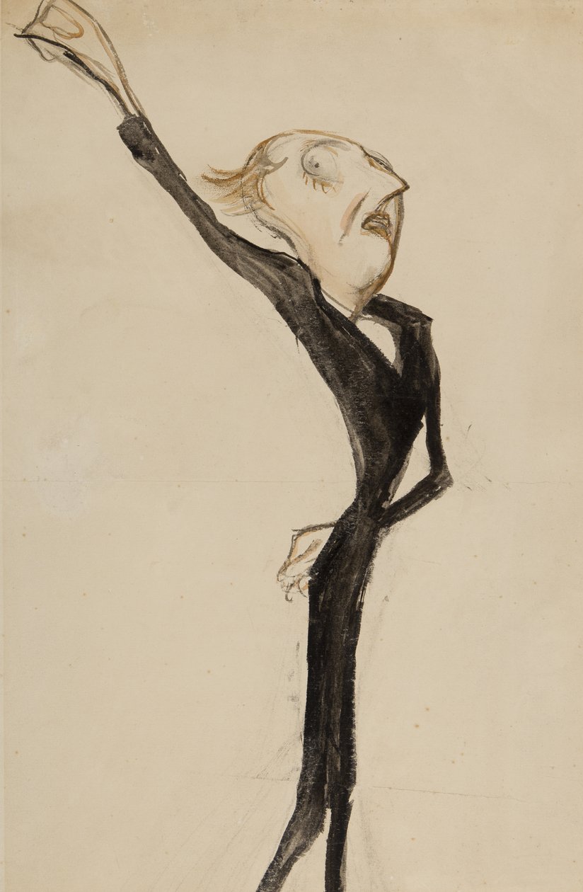 Teatterihahmo, mahdollisesti Sir Beerbohm Tree, noin 1908 (sivellin, wc ja muste paperille). tekijältä Henry Ospovat