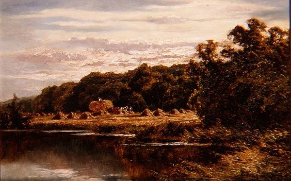 Harvesterit pellolla joen rannalla tekijältä Henry Parker