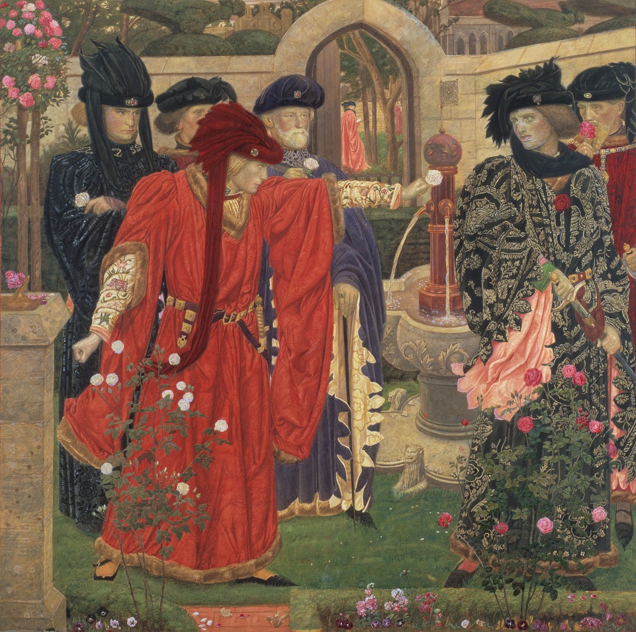 Punaisten ja valkoisten ruusujen valinta temppelipuutarhassa, 1910. tekijältä Henry Payne