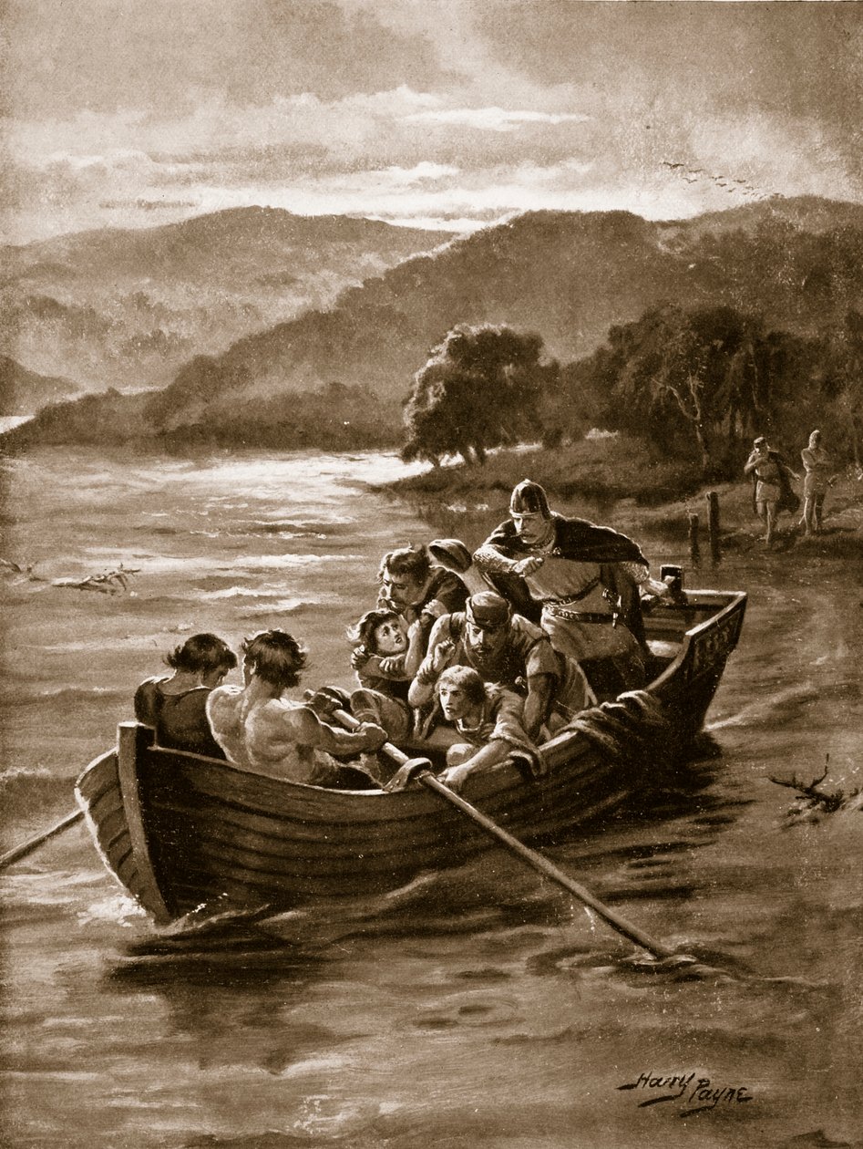 Elfwaldin pojat hukkuivat Windermereen, kuvitus teoksesta "Hutchinsonin tarina brittiläisestä kansasta", n. 1920 tekijältä Henry Payne