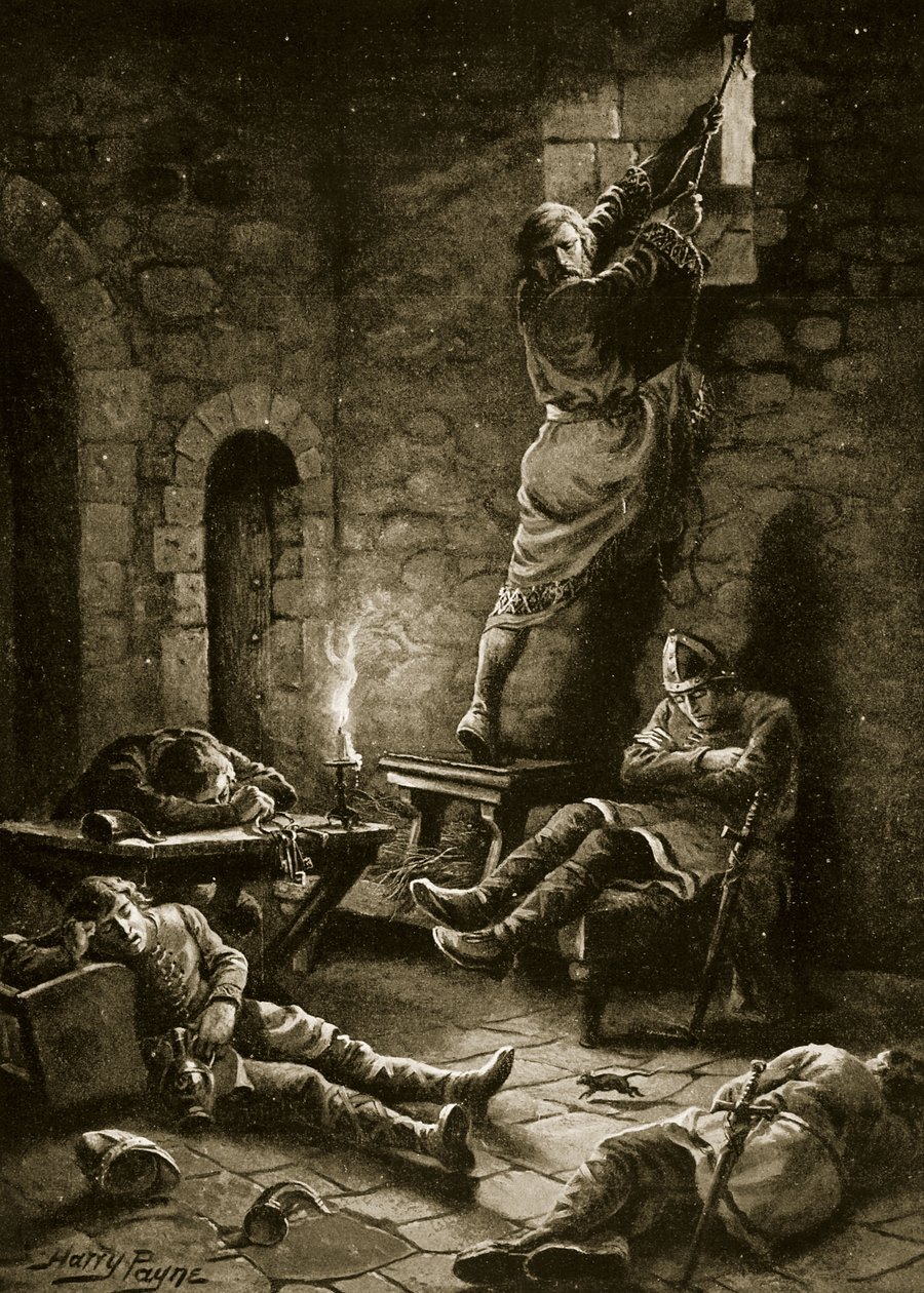 Ralph Flambardin pako tornista, kuvitus "Hutchinsonin tarinasta brittiläisestä kansasta", n. 1920 tekijältä Henry Payne