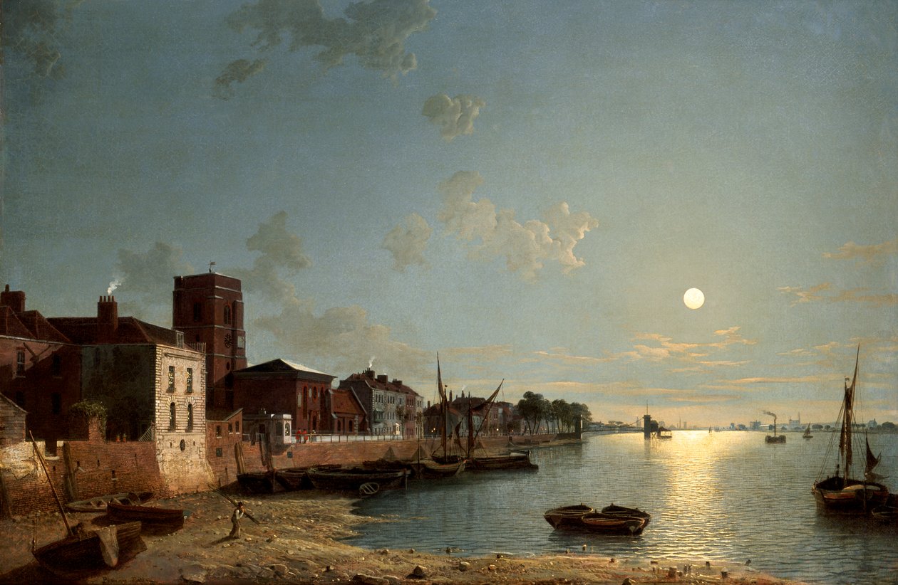"Cheyne Walk in Chelsea, Moonlight", 1850 tekijältä Henry Pether
