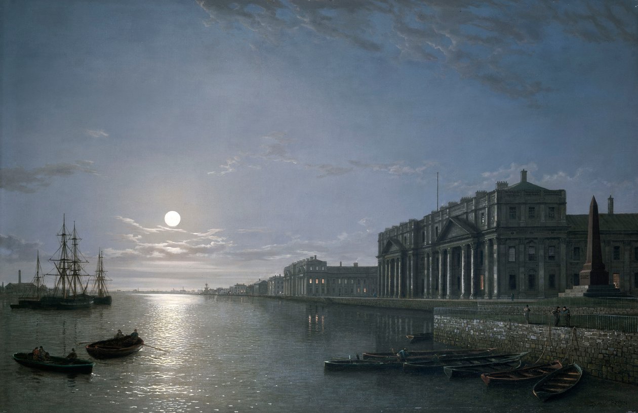 Thames ja Greenwichin sairaala kuunvalossa, noin 1854-65 (öljy kankaalle). tekijältä Henry Pether