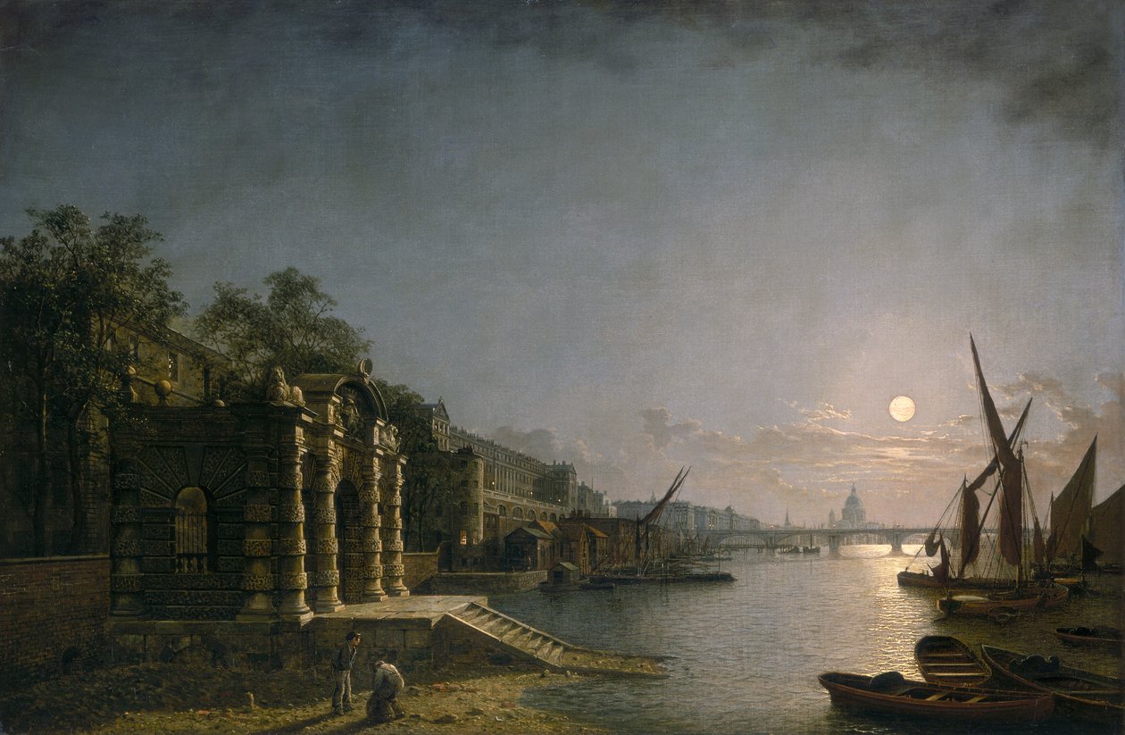 "York Water Gate ja Adelphi Moonlightin joelta", n. 1850. tekijältä Henry Pether