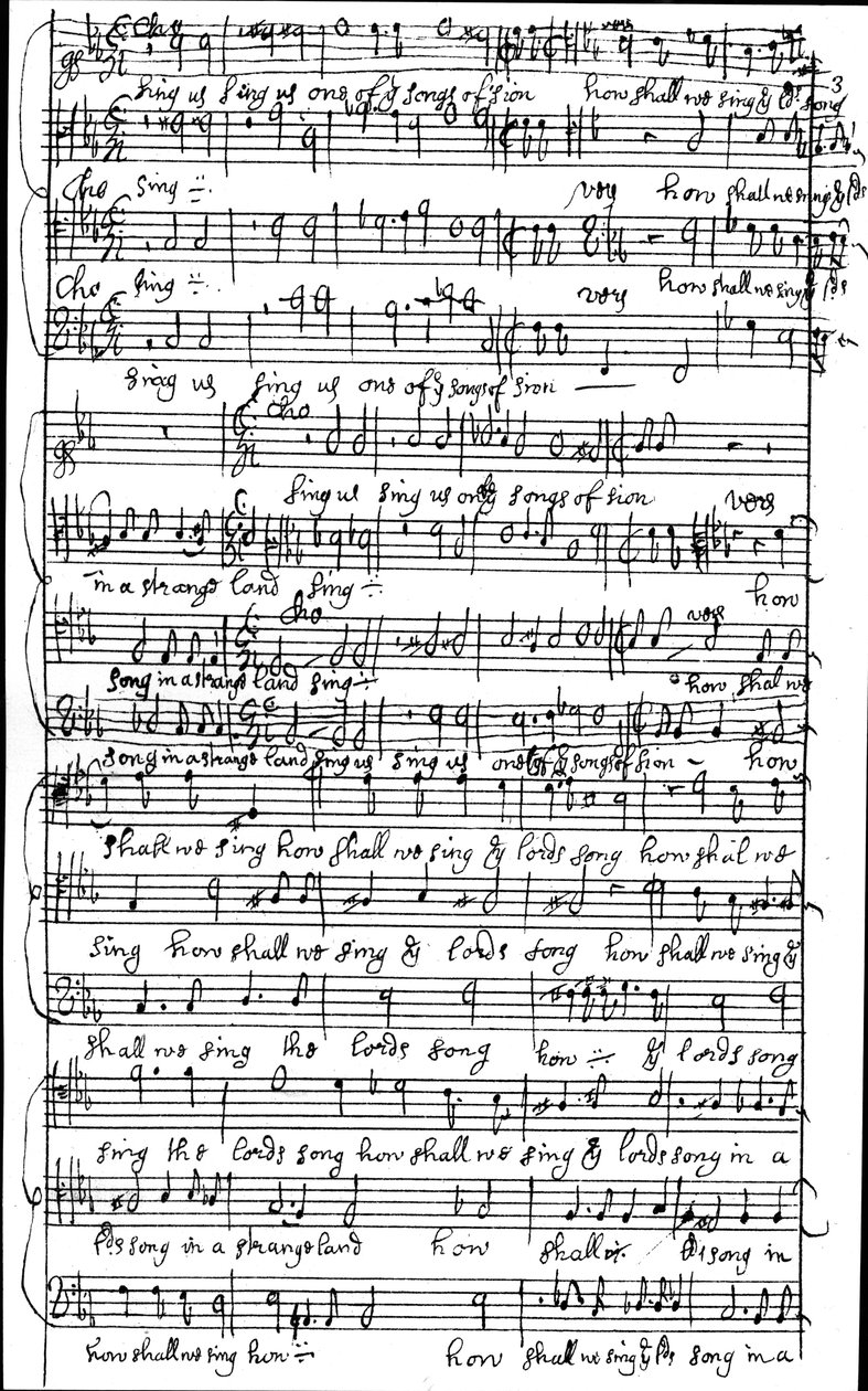 Omakätinen partituurin käsikirjoitus psalmiin 137 Kuinka laulamme Herran laulua vieraassa maassa, ennen vuotta 1683. tekijältä Henry Purcell