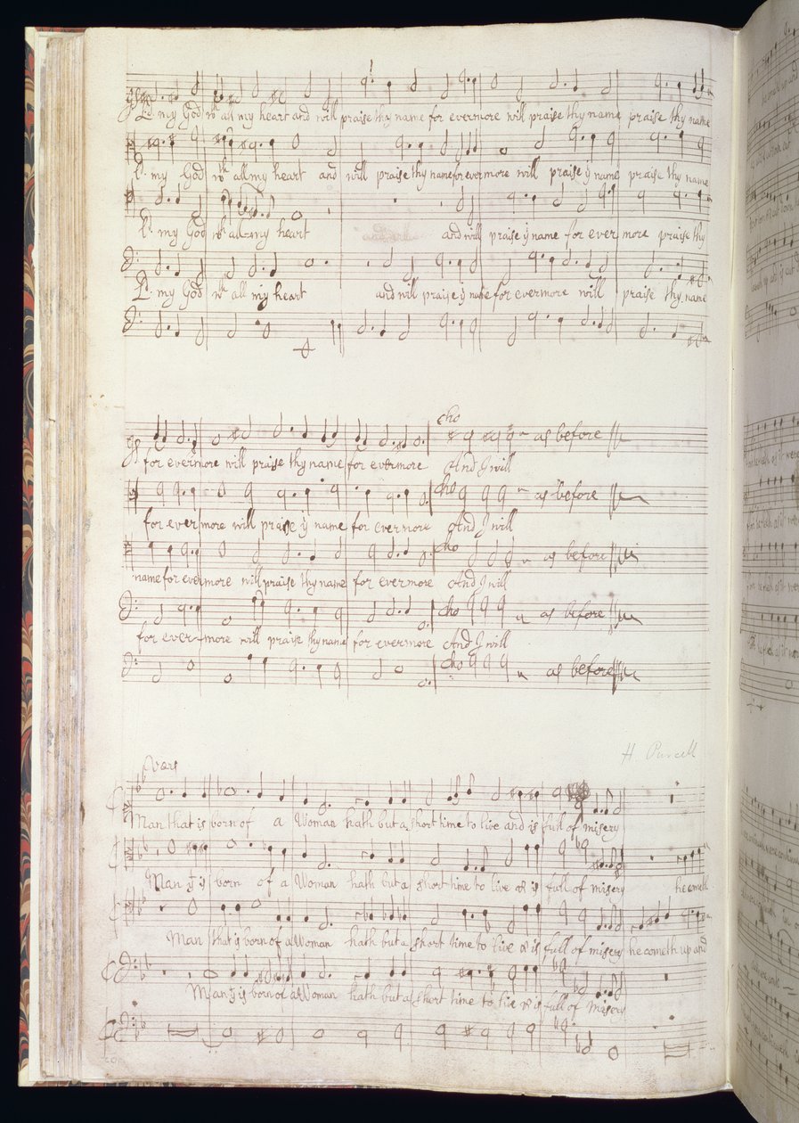 MU MS 88 f.102 "Man that is born of woman", sivu Henry Purcellin (1659-95) säveltämistä ja kirjoittamista englantilaisista hymneistä 1673 (muste paperille). tekijältä Henry Purcell