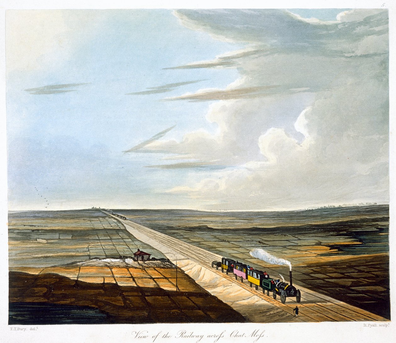 "Näkymä Chat Mossin poikki kulkevasta rautateestä", Liverpool ja Manchester Railway, 1833 tekijältä Henry Pyall