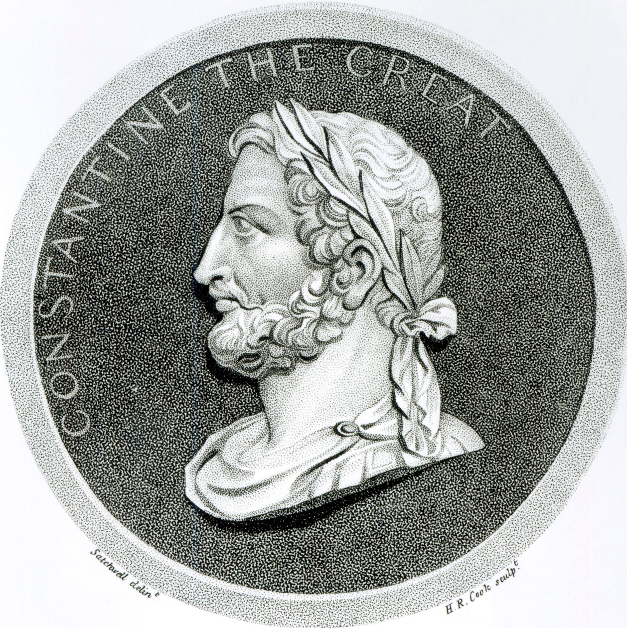 Konstantinus Suuren muotokuva teoksesta "Rooman valtakunnan rappeutumisen ja kaatumisen historia", osa 5, sivu 49, Edward Gibbon, 1808 tekijältä Henry R. Cook