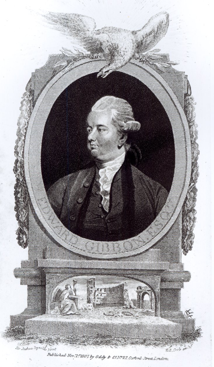 Edward Gibbonin muotokuva teoksesta "Rooman valtakunnan rappion ja tuhon historia", osa I, kirjoittanut Edward Gibbon, 1808. tekijältä Henry R. Cook