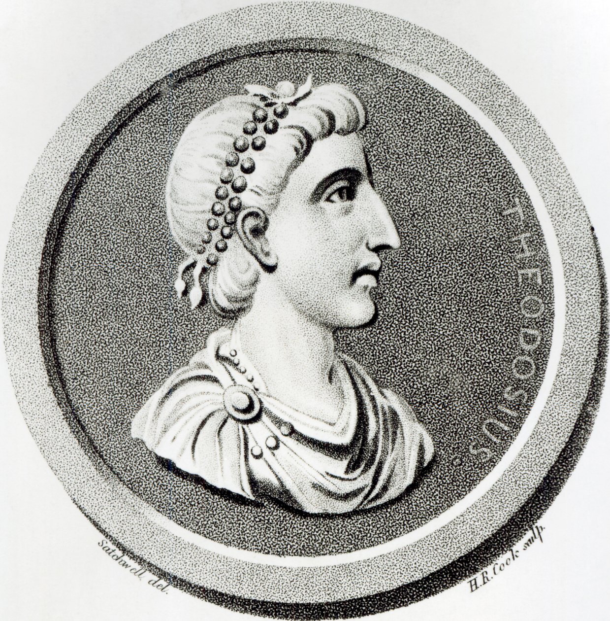 Theodosiuksen muotokuva teoksesta "The History of the Decline and Fall of the Roman Empire", osa 9, sivu 139, Edward Gibbon, 1808 tekijältä Henry R. Cook