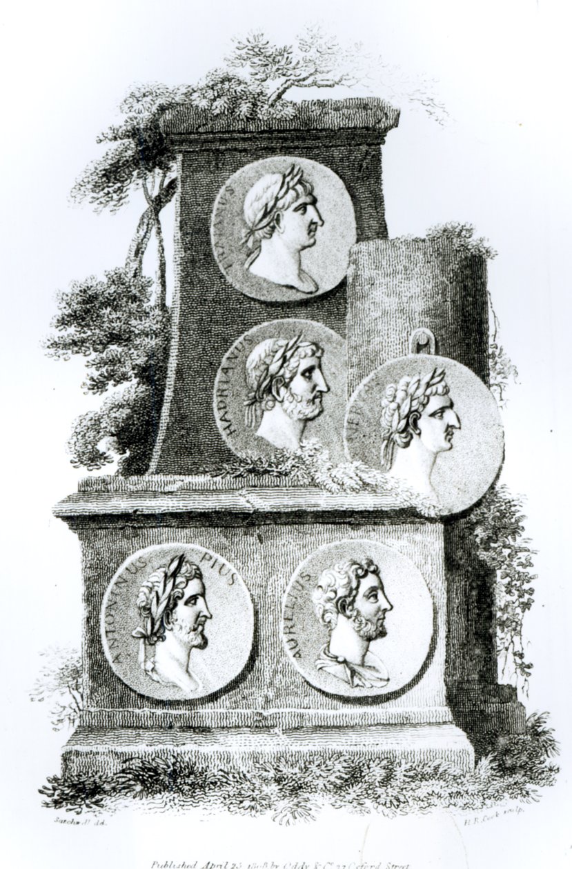 Rooman keisarien muotokuvia Edward Gibbonin teoksesta The History of Decline and Fall of the Roman Empire, Vol 2, 1808 tekijältä Henry R. Cook