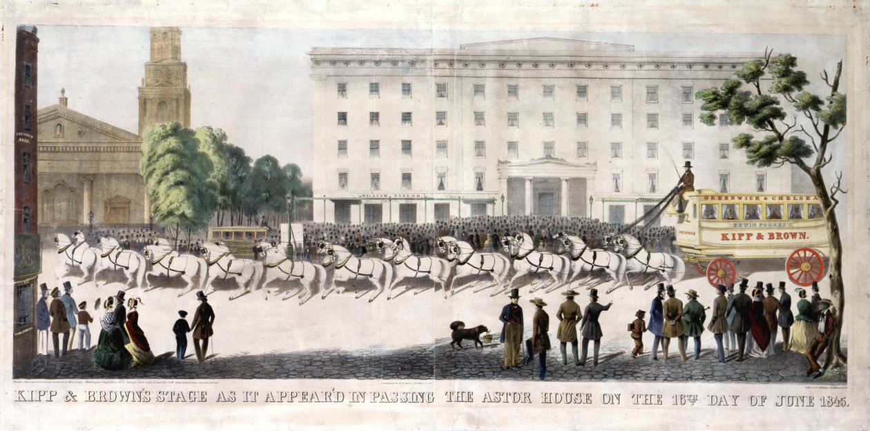 Kippin ja Brownin näyttämö sellaisena kuin se ilmestyi ohittaessaan Astor-talon 16. päivänä kesäkuuta 1845, 1845 (käsinvärinen lito) tekijältä Henry R. Robinson