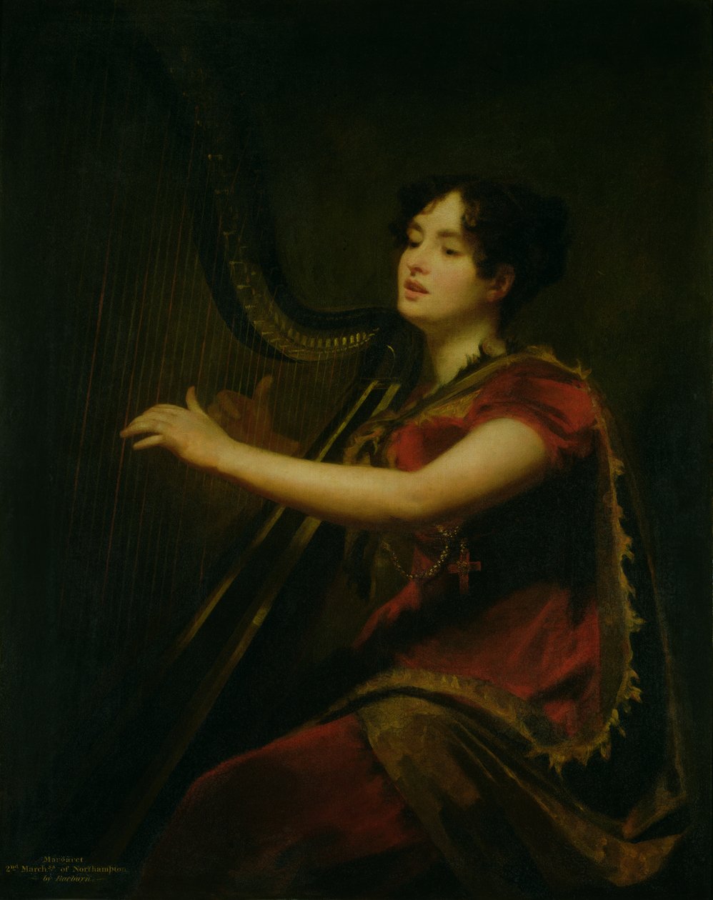 The Marchioness of Northampton, Harppua soittamassa, n. 1820 tekijältä Henry Raeburn