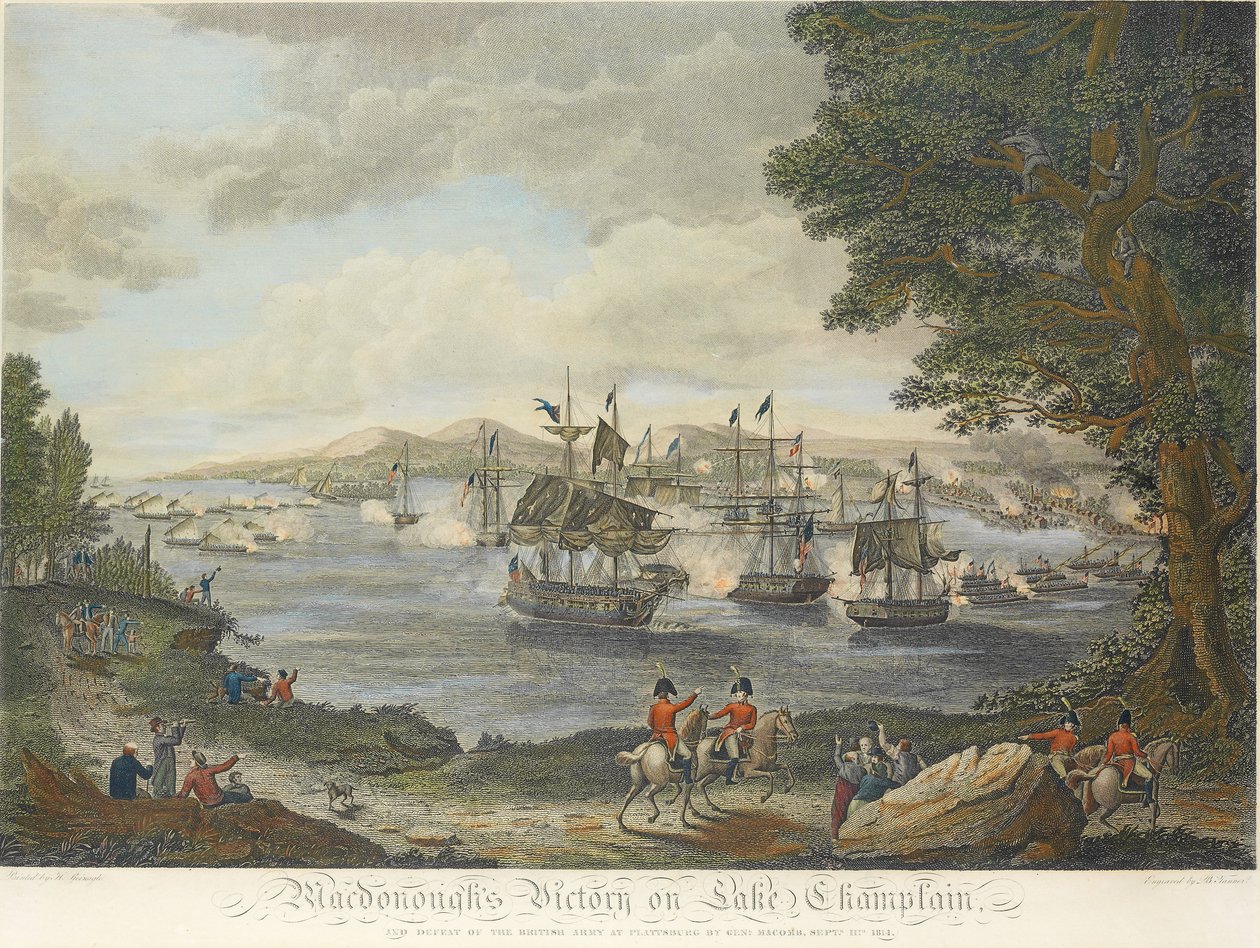 MacDonoughin voitto Champlain-järvellä ja Britannian armeijan tappio Plattsburgissa Genl Macombin toimesta, 11. syyskuuta 1814, kaiverrus B. Tanne, 1816 tekijältä Henry Reinagle