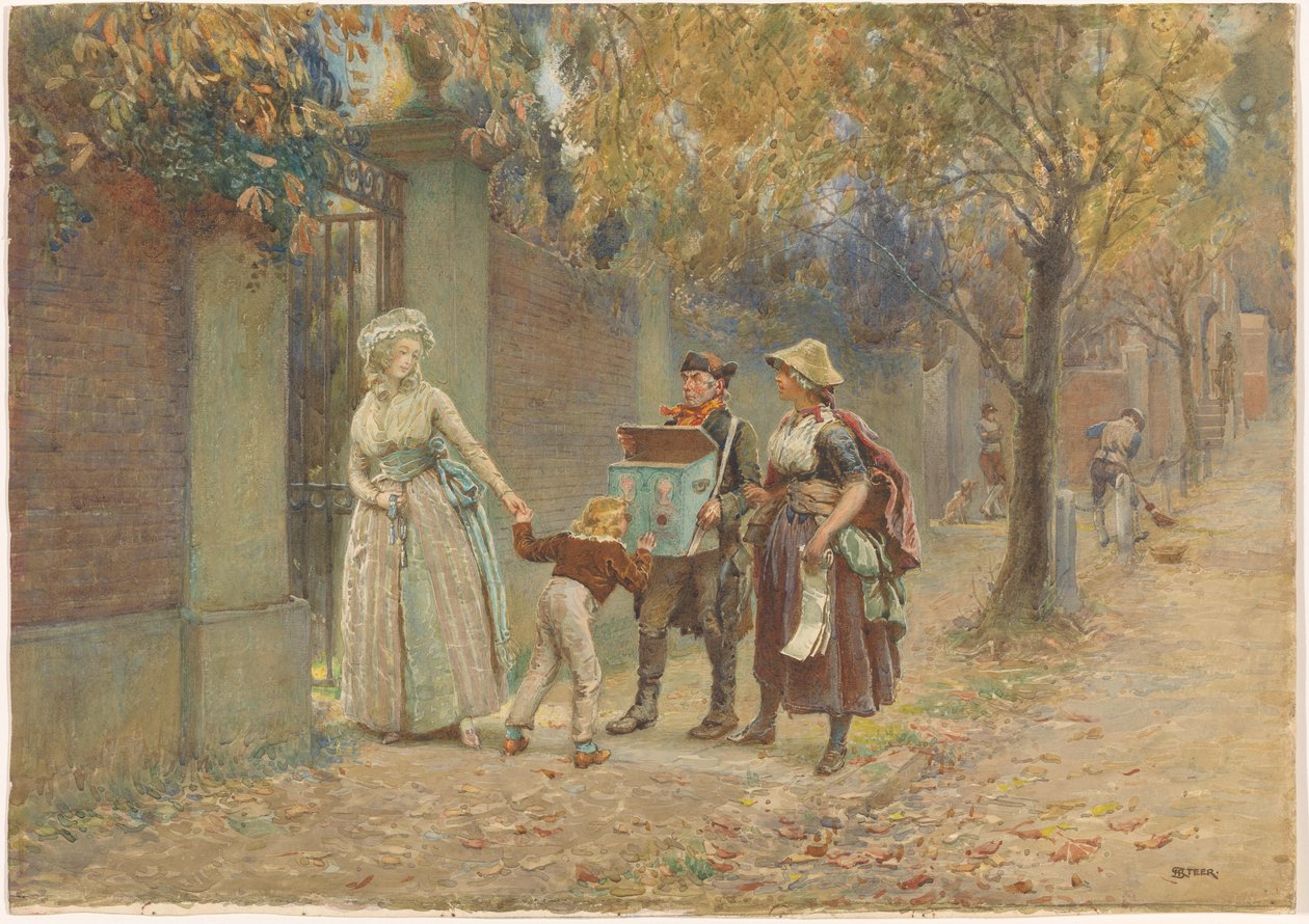 Mies katselulaatikon ja laulumyyjän kanssa tekijältä Henry Reynolds Steer (signed by artist)