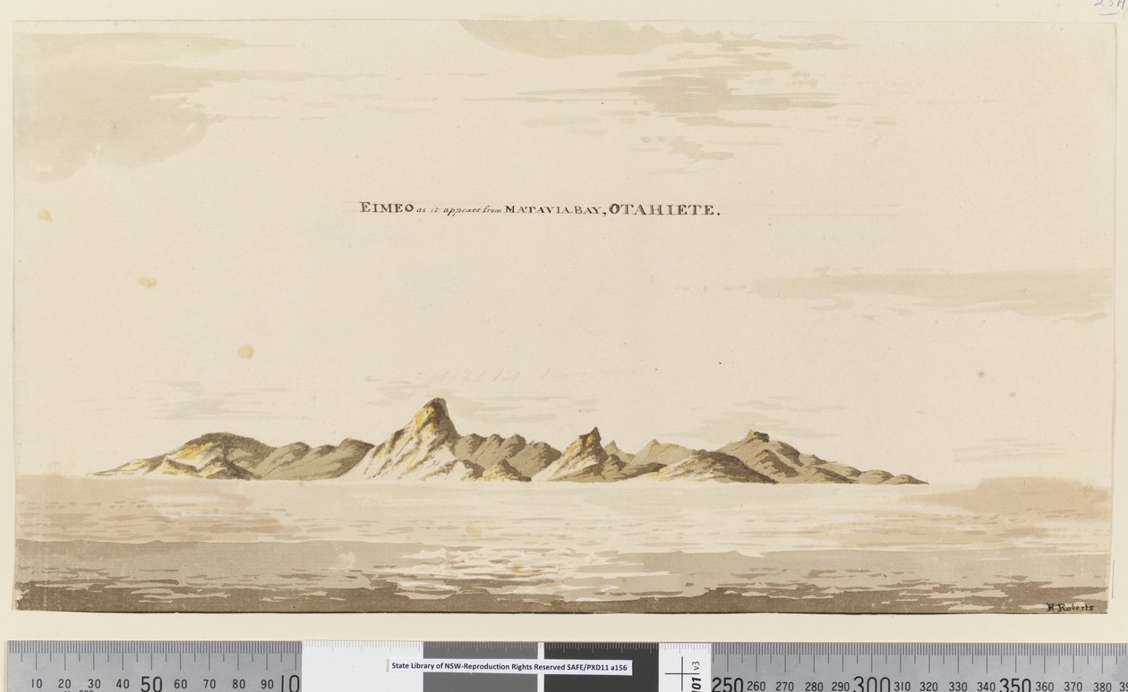 Sivu 25aa Eimeo sellaisena kuin se näkyy Matavai Bayltä, Otahiete, 1768-75 (kynä & muste ja pesu) tekijältä Henry Roberts