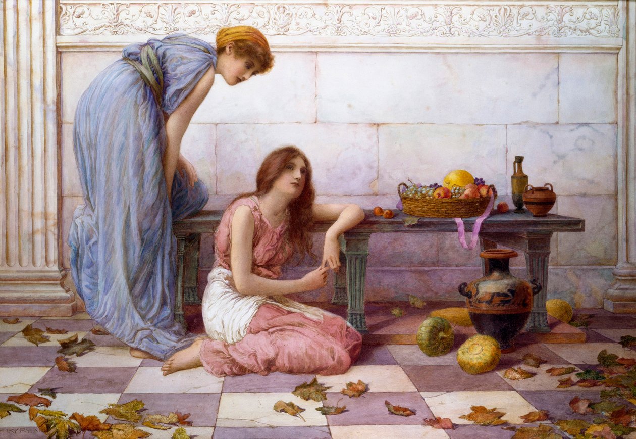 "Kukkia ja hedelmiä" Draped naiset melankolinen ilme antiikkisen huvilan pihalla. Henry Rylandin (1856-1924) maalaus. tekijältä Henry Ryland