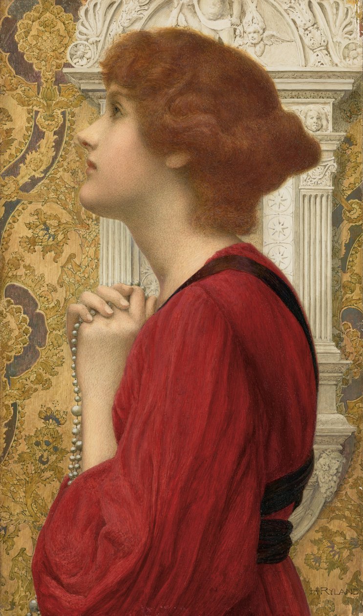 The Guarded Flame (kynä, akvarelli ja arabikumilla korotettu vartaloväri paneelille levitetylle paperille) tekijältä Henry Ryland