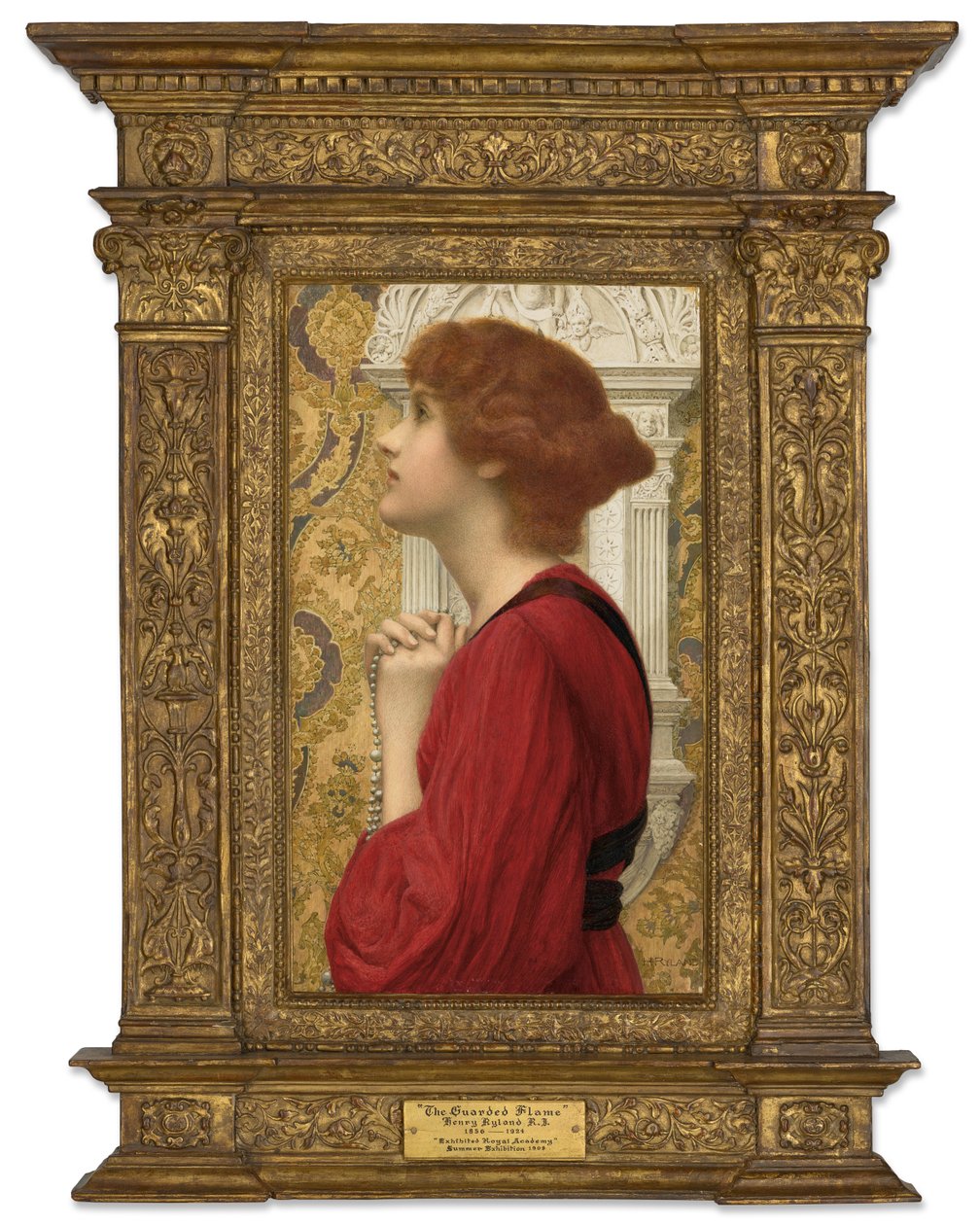 The Guarded Flame (kynä, akvarelli ja arabikumilla korotettu vartaloväri paneelille levitetylle paperille) tekijältä Henry Ryland