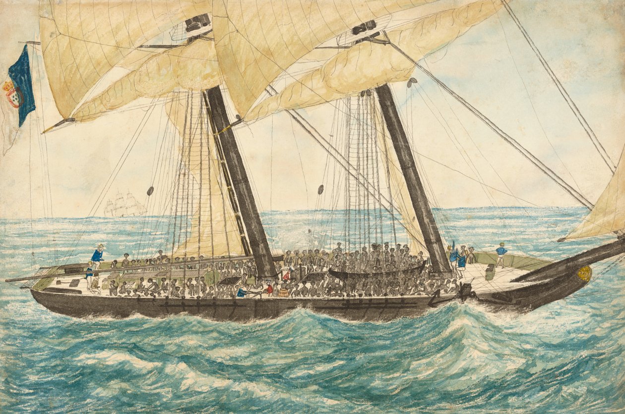 Portugalilainen orjakuljettaja Diligentén vangitsi H.M. Sloop Pearl 600 orjan kanssa, toukokuu 1838. tekijältä Henry Samuel Hawker